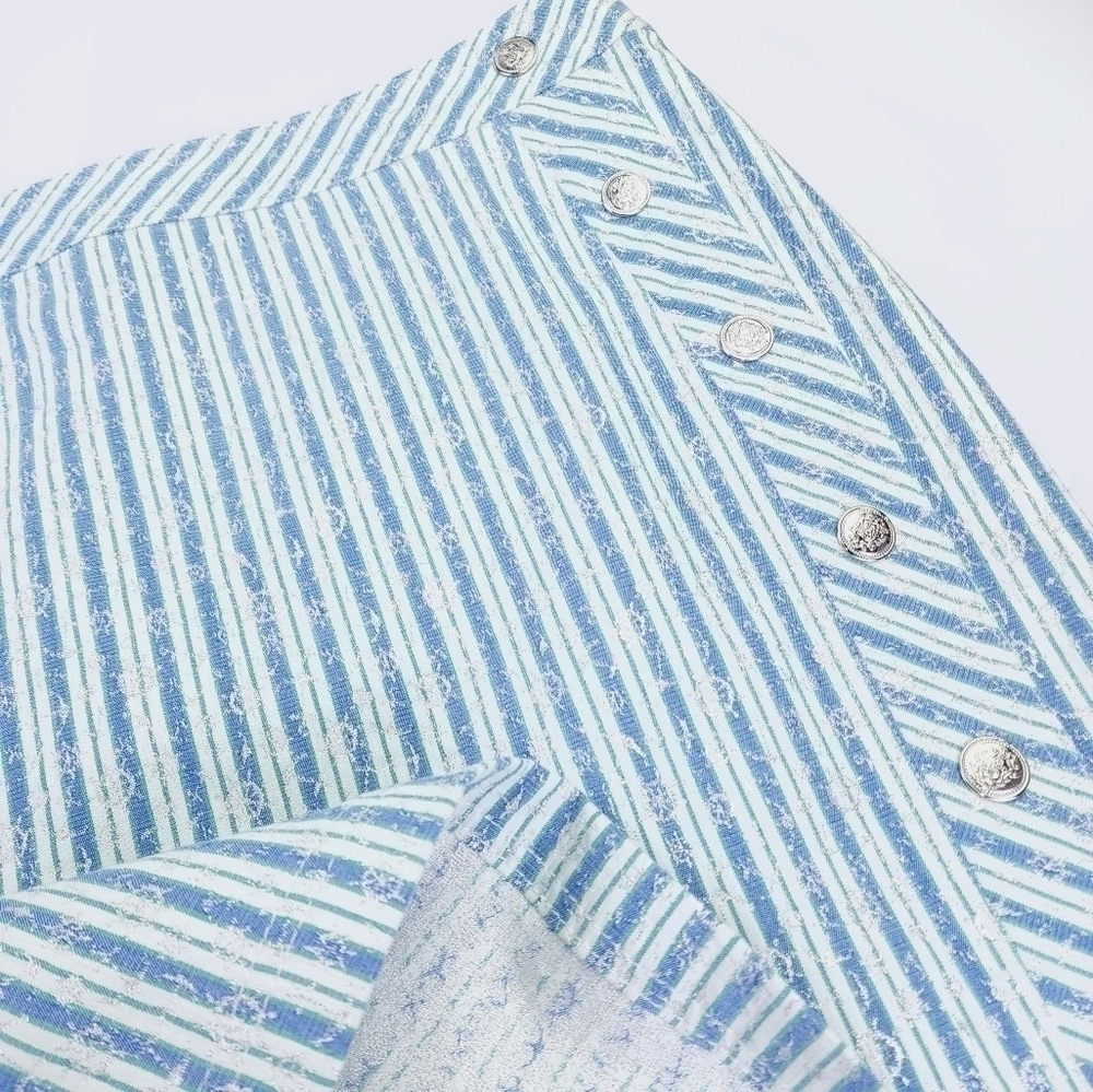 New Doncaster Blue Green White Stripe Silver Foil Buttoned Skirt Sz 14 - Picture 9 of 11